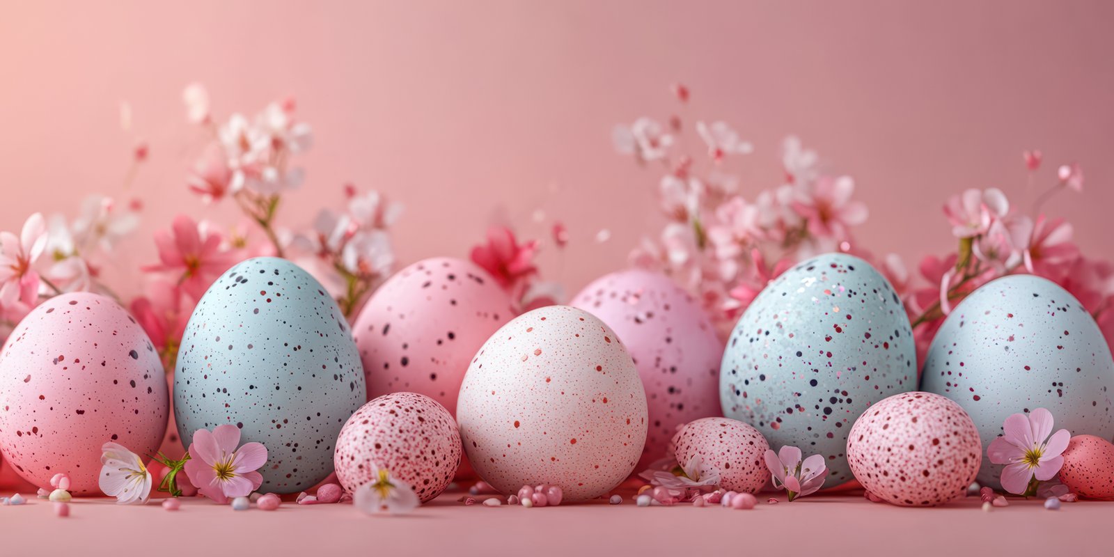Colorful decorated Easter eggs arranged with blossoms on a soft pink background during springtime celebration